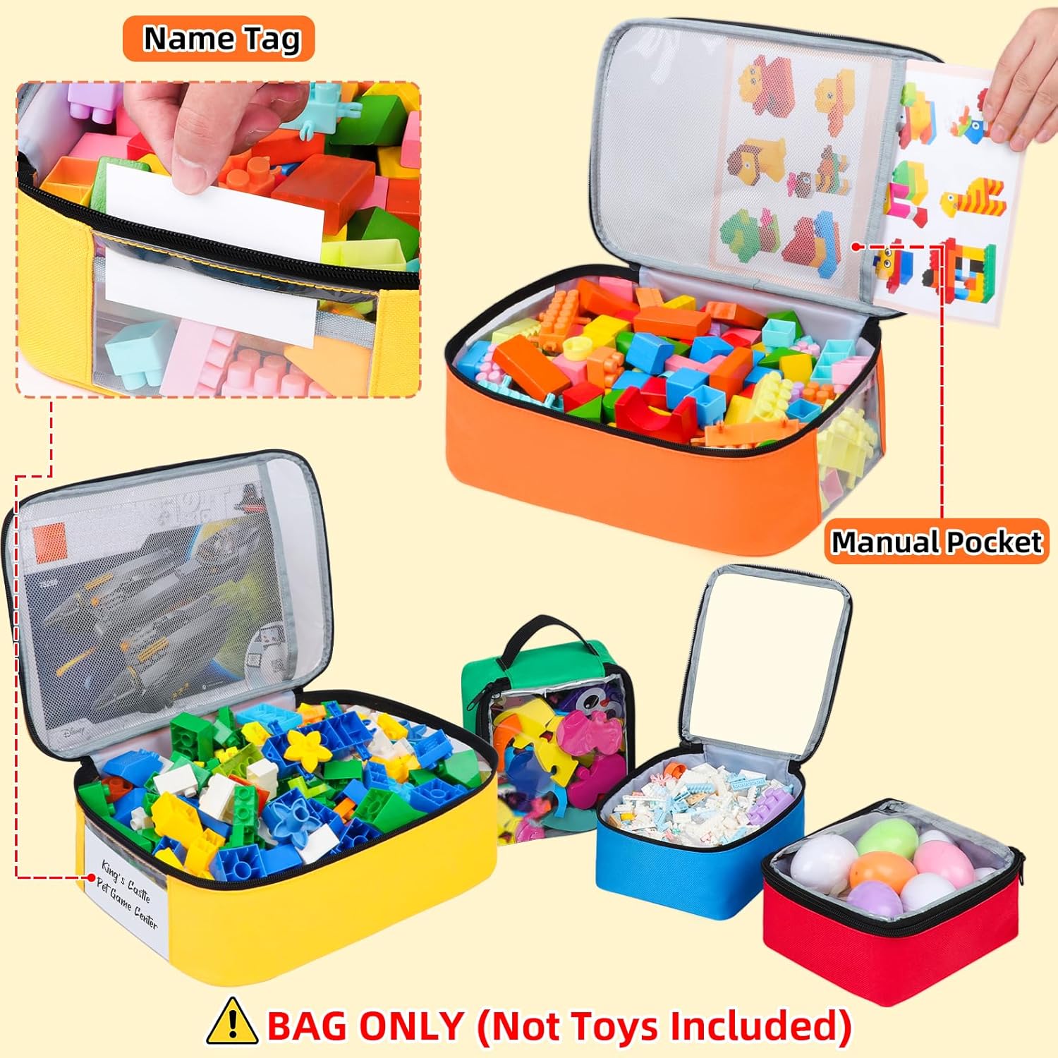 5 Pack Toy Storage Bags Compatible with LEGO Bricks, Portable Carrying Case for LEGO Easy Organizer, Puzzles Blocks Containers& Board Game Bins with Name Tag, Manual Pocket, Visible Top& Handle