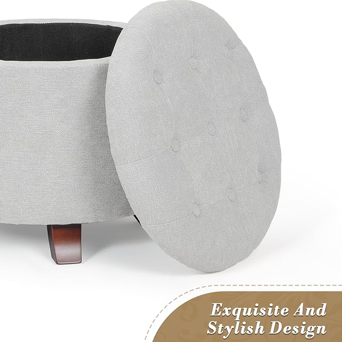 Athena Collection 20 Inch Small Ottoman with Storage, Round Linen Fabric Storage Ottoman with Removable Lid, Stylish Footstool Foot Rest for Living Room, Bedroom, Dorm, Grey