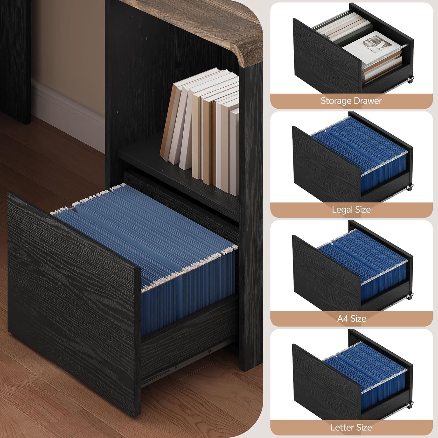 L Shaped Desk with Power Outlets & USB C Port, 59'' Reversible L-Shaped Computer Desk with File Drawer for Letter/Legal Size, Corner Office Desk with Storage Shelves, Rounded Corners, Black