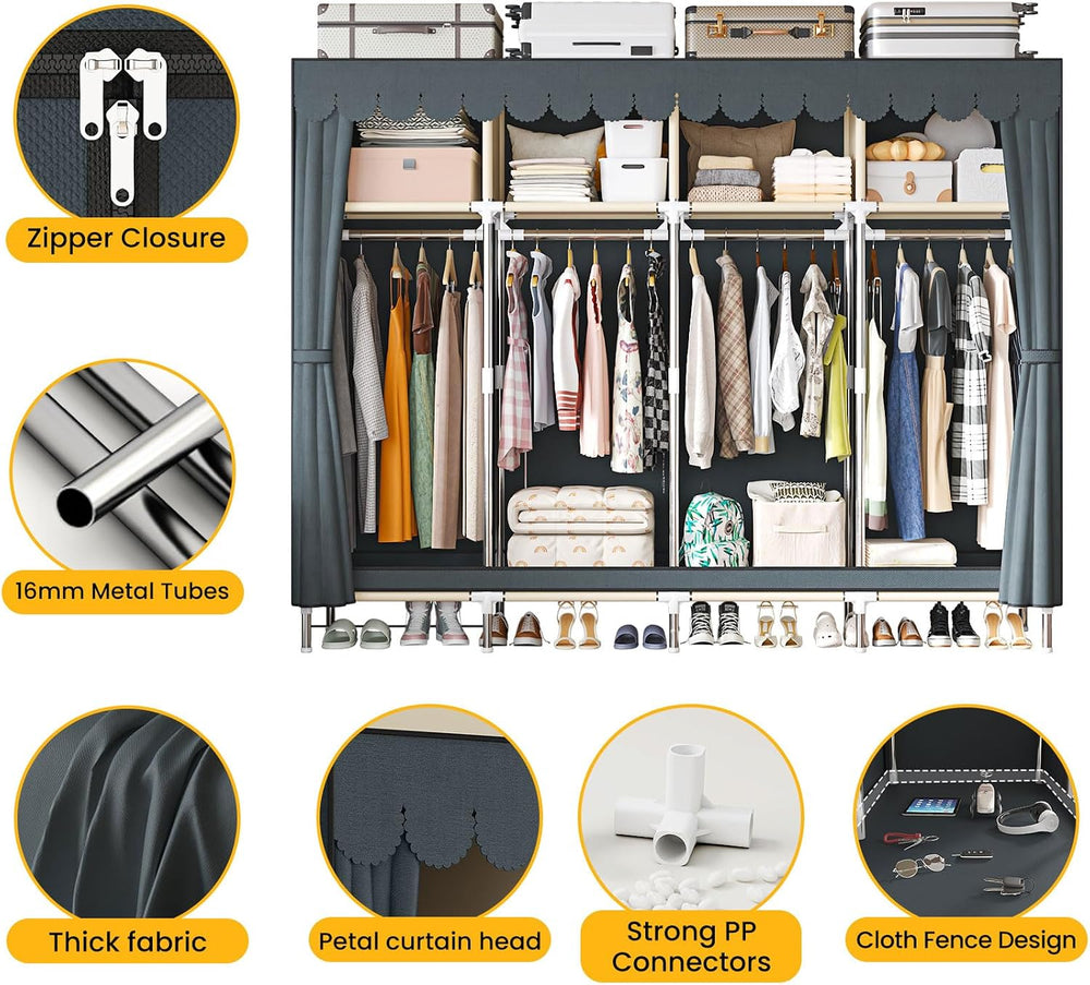 Large Portable Armoire Wardrobe Closet with 4 Hanging Rods and Lockers,Metal ...