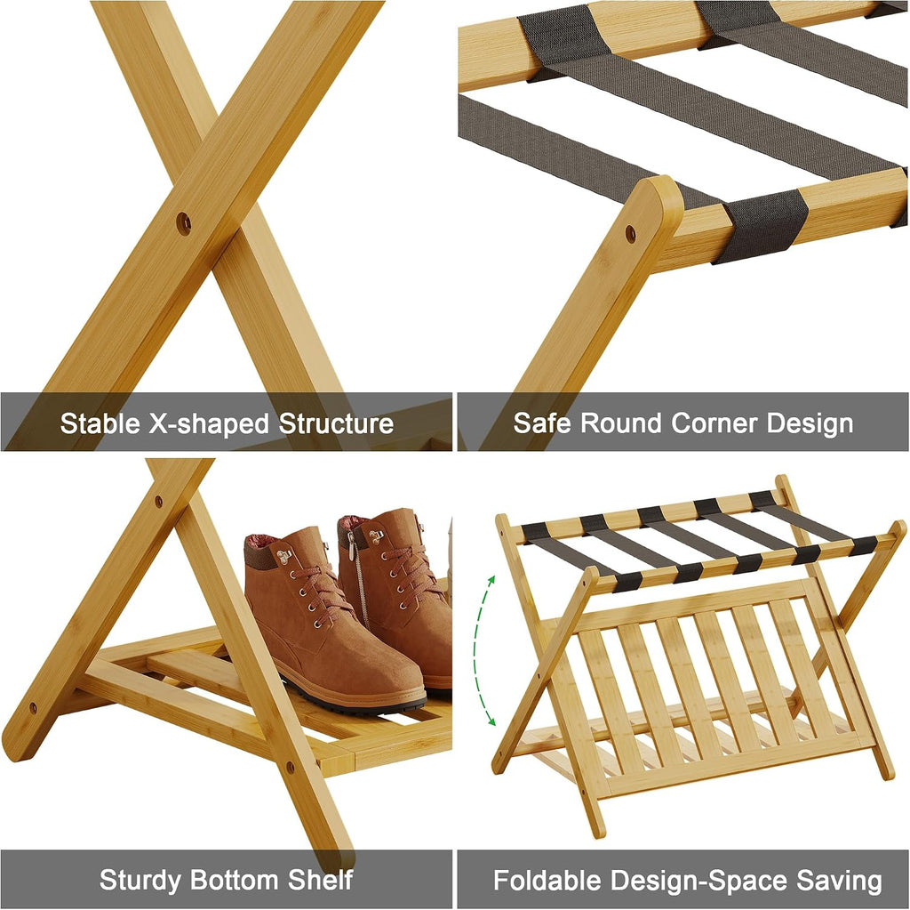 BAMBOOHOMIE Full Assembled Luggage Rack Set of 2, Bamboo Luggage Holder Rack for Guest Room, 26.77" L Folding Suitcase Stand with 5 Nylon Straps & Storage Shelf for Bedroom Hotel (2 Pack - Natural)