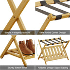 BAMBOOHOMIE Full Assembled Luggage Rack Set of 2, Bamboo Luggage Holder Rack for Guest Room, 26.77" L Folding Suitcase Stand with 5 Nylon Straps & Storage Shelf for Bedroom Hotel (2 Pack - Natural)