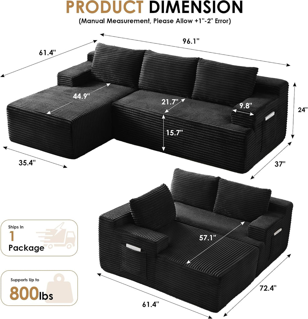 96" Sectional Couches for Living Room Cloud Couch Sofa with L-Shape Upho...