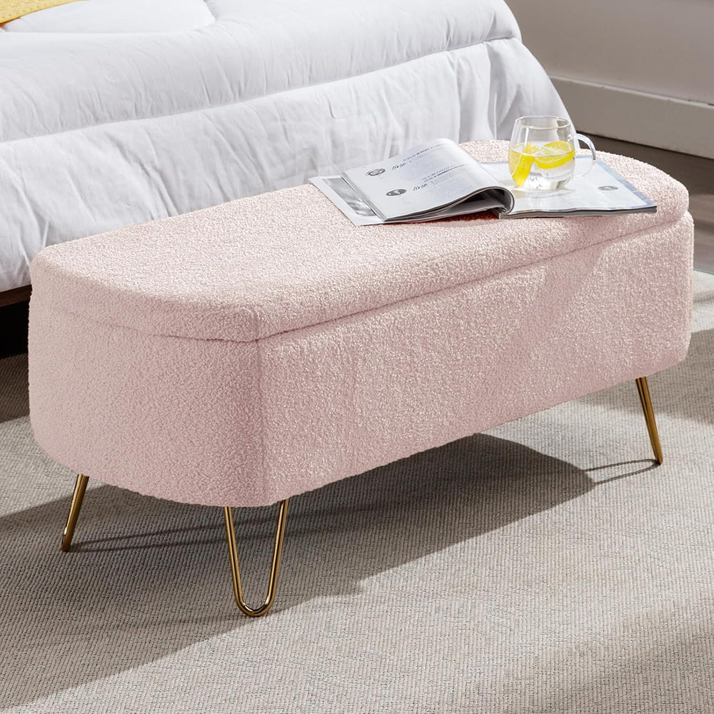 NIOIIKIT Storage Ottoman Bench, Faux Fur Upholstered Entryway Bench, Pink | U...