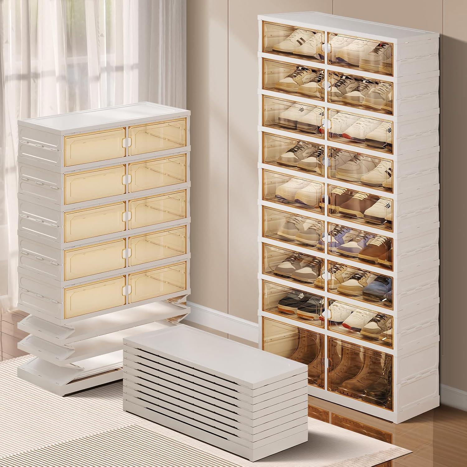 CIMLORD 9-Tier Foldable Shoe Rack Organizer with Wheels, 27 Pairs, White | Collapsible Large Plastic Shoe Cabinet, Fits Boots, Stackable, Clear Doors, Easy Assembly, Closet, Entryway, Living Room