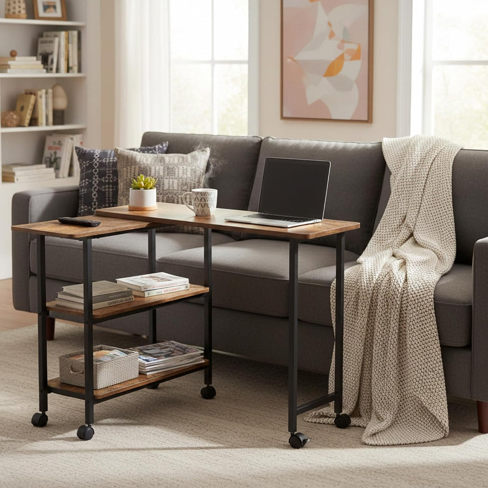 FurnitureR 360° Rotating Sofa Side Table with Storage Shelves, Mobile L-Shape...