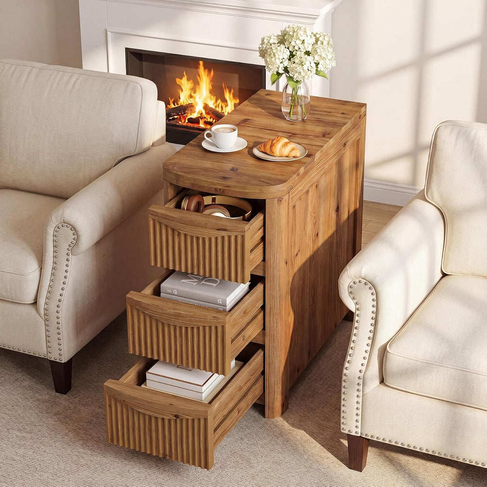 Solid Wood End Table with 3 Drawers, 24" Farmhouse Fluted Narrow Side Ta...