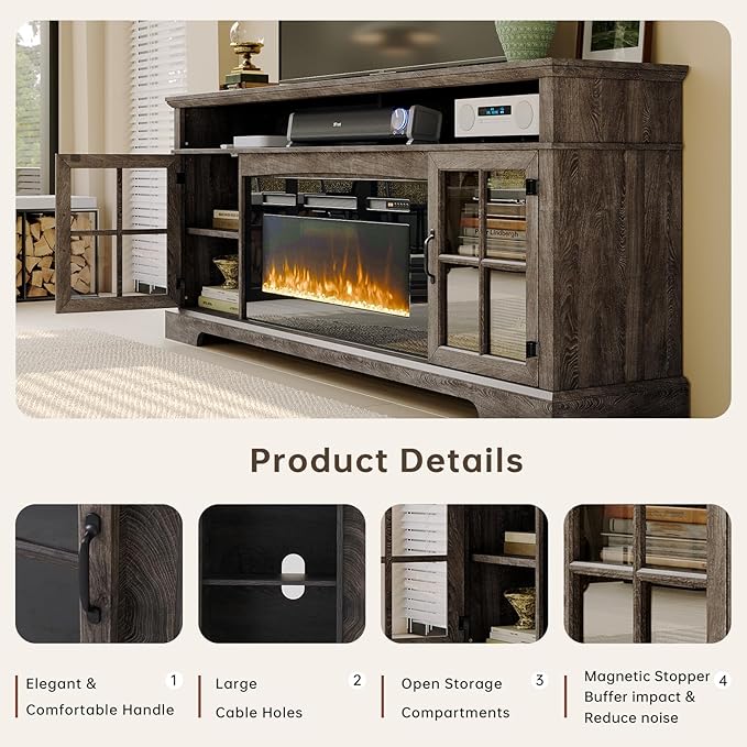 70" Farmhouse TV Stand with 36" Fireplace for TVs up to 80", Media Entertainment Center with Adjustable Shelves and Large Storage Cabinets, for Living Room, Gray & Black