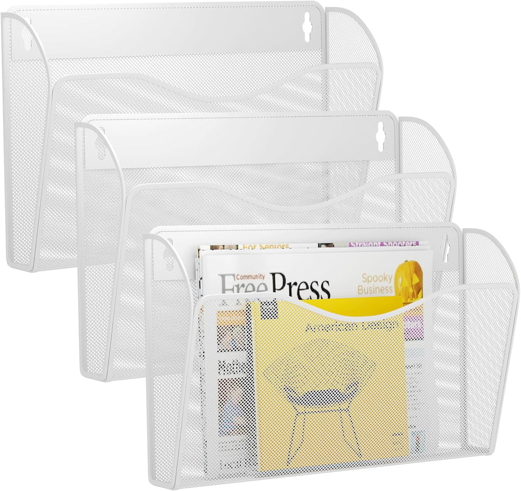 3 Single Pocket Wall File Holder, Mesh Hanging File Folder Paper Organizer, Vertical Wall Mounted Mail Basket, Storage Organization Magazine Rack for Office, Home and School, White
