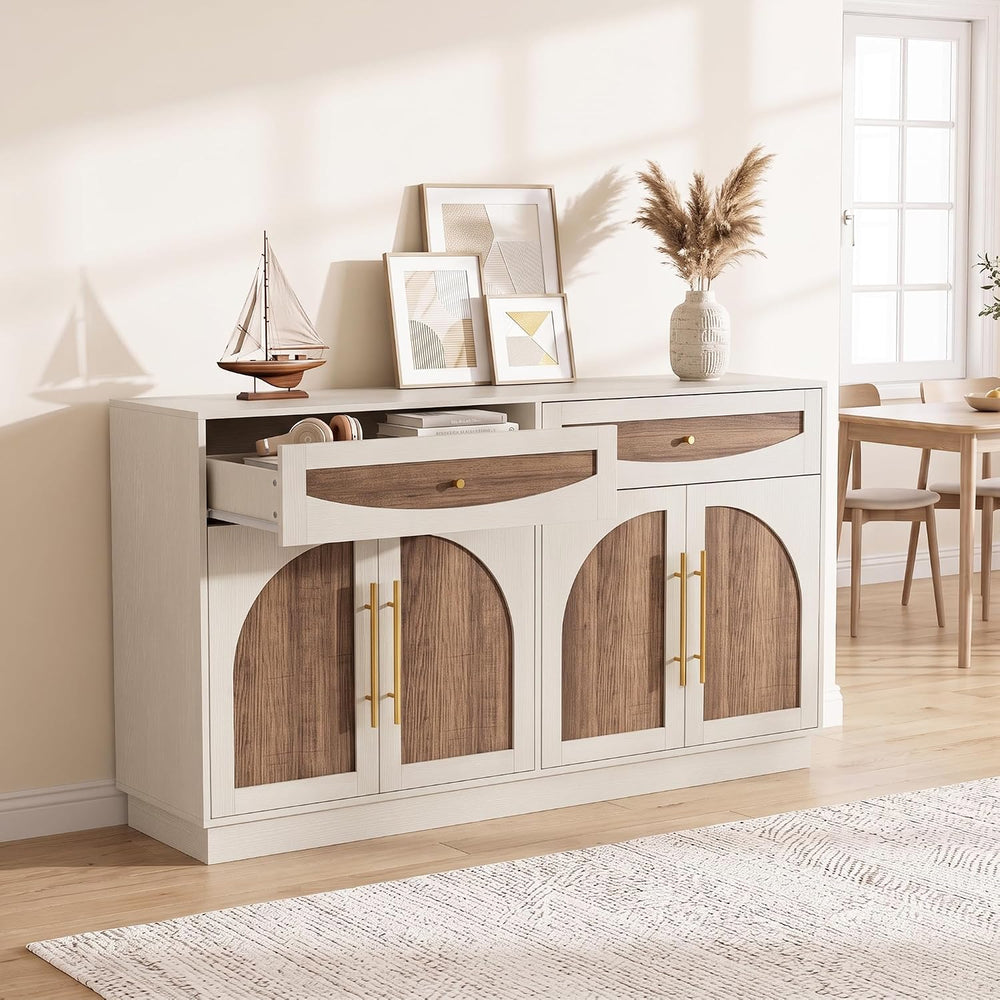 63'' Arched Door Sideboard Buffet Cabinet with Drawers, White and Nat...