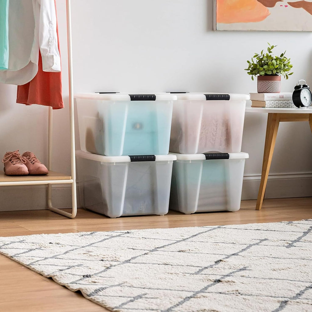 IRIS USA 40 Qt Stackable Plastic Storage Bins with Lids, 4 Pack - BPA-Free, Made in USA - Discreet Organizing Solution, Latches, Durable Nestable Containers, Secure Pull Handle - Pearl