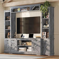 AMERLIFE 98" Farmhouse Wall Unit Entertainment Center with Bookshelves, Wine Cabinet, Fits 75" TVs, Large TV Stand with Power Outlets & Barn Door, Rustic Media Console for Living Room, Gray