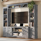 AMERLIFE 98" Farmhouse Wall Unit Entertainment Center with Bookshelves, Wine Cabinet, Fits 75" TVs, Large TV Stand with Power Outlets & Barn Door, Rustic Media Console for Living Room, Gray