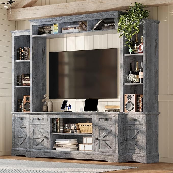 AMERLIFE 98" Farmhouse Wall Unit Entertainment Center with Bookshelves, Wine Cabinet, Fits 75" TVs, Large TV Stand with Power Outlets & Barn Door, Rustic Media Console for Living Room, Gray