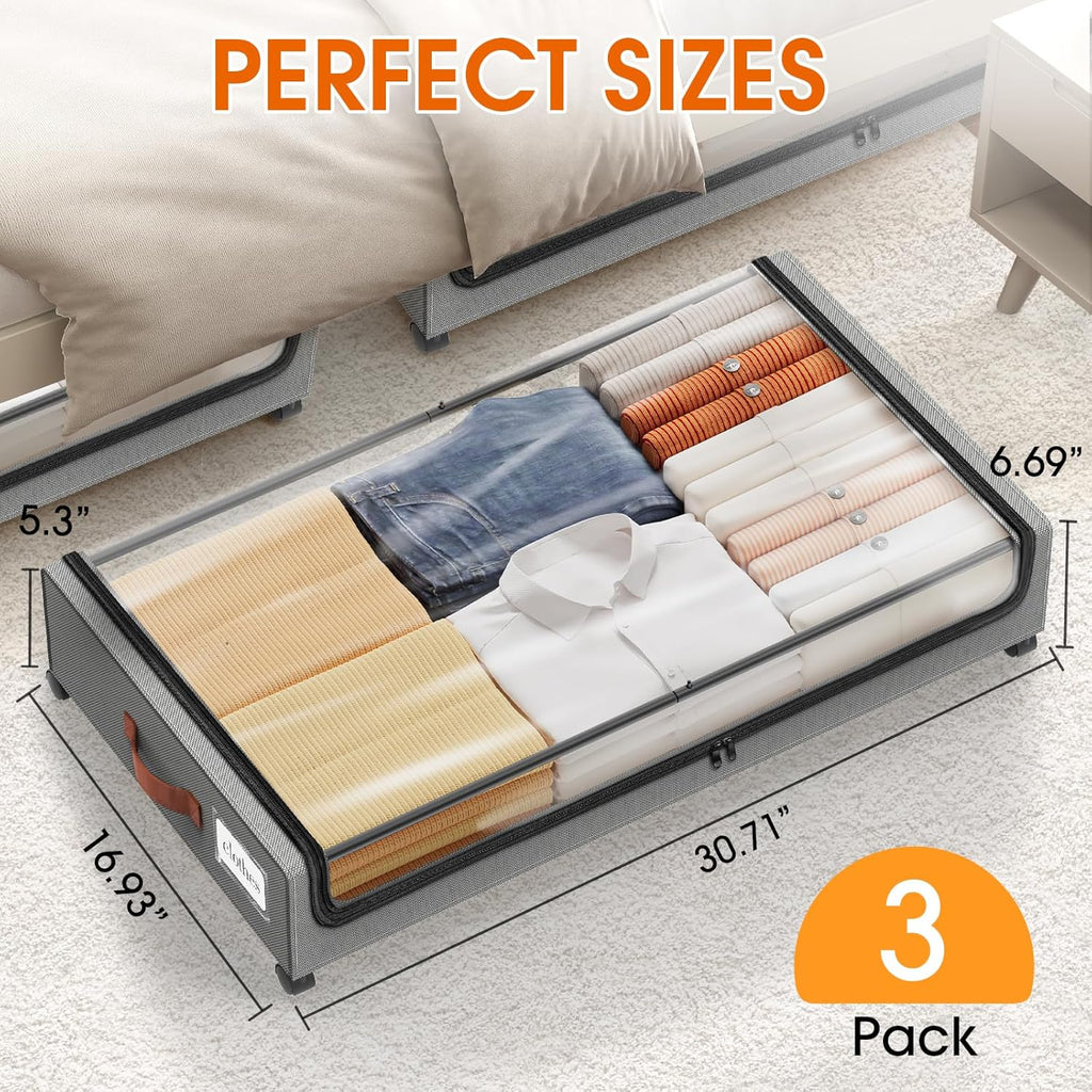 Under Bed Storage with Wheels 3Pack Underbed Storage with Clear Window&Label Under Bed Drawers Large Capacity Rolling Under Bed Storage for Clothes,Shoes, Blankets (Light Grey)