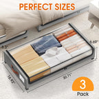 Under Bed Storage with Wheels 3Pack Underbed Storage with Clear Window&Label Under Bed Drawers Large Capacity Rolling Under Bed Storage for Clothes,Shoes, Blankets (Light Grey)