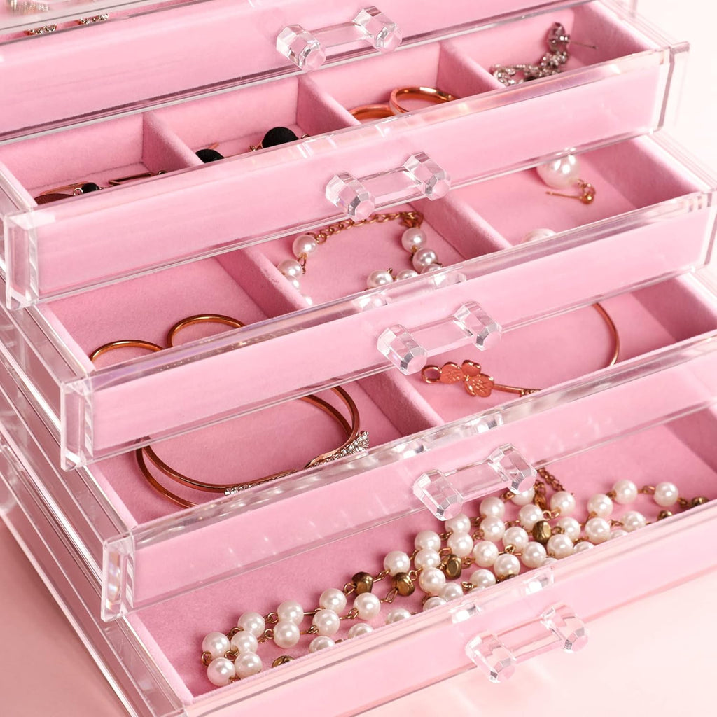 Frebeauty Extra Large Acrylic Jewelry Box for Women 5 Layers Clear Jewelry Organizer Velvet Earring Box with 5 Drawers Rings Display Case Necklaces Holder Tray for Women Girls(Pink)
