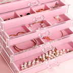 Frebeauty Extra Large Acrylic Jewelry Box for Women 5 Layers Clear Jewelry Organizer Velvet Earring Box with 5 Drawers Rings Display Case Necklaces Holder Tray for Women Girls(Pink)