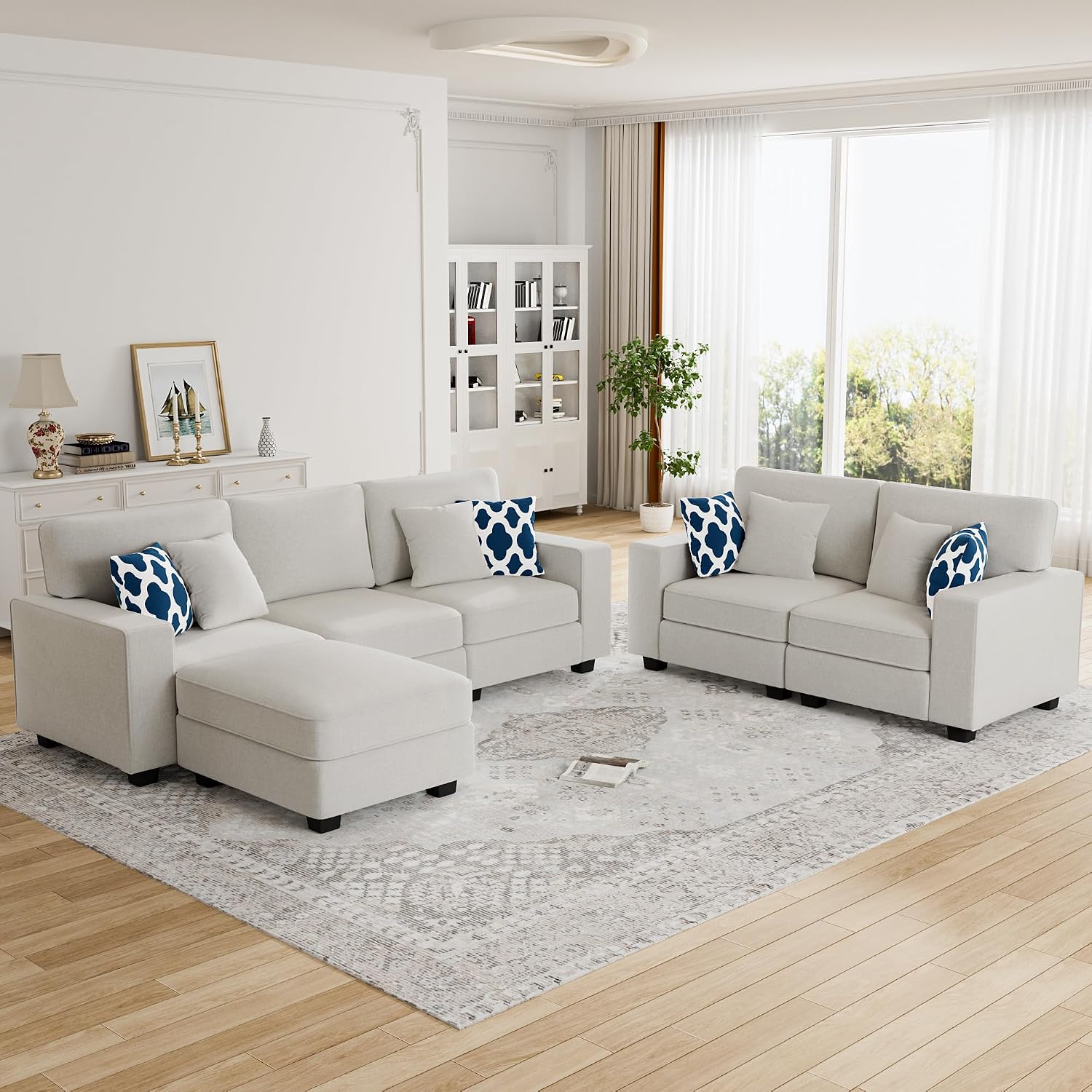 Legend Vansen Oversized Modular Sectional Sofa,U/L‑Shaped Reversible Couch with Ottoman,Deep Seat Plush Polyester Sofa for Living Room,6‑Seater,Cream