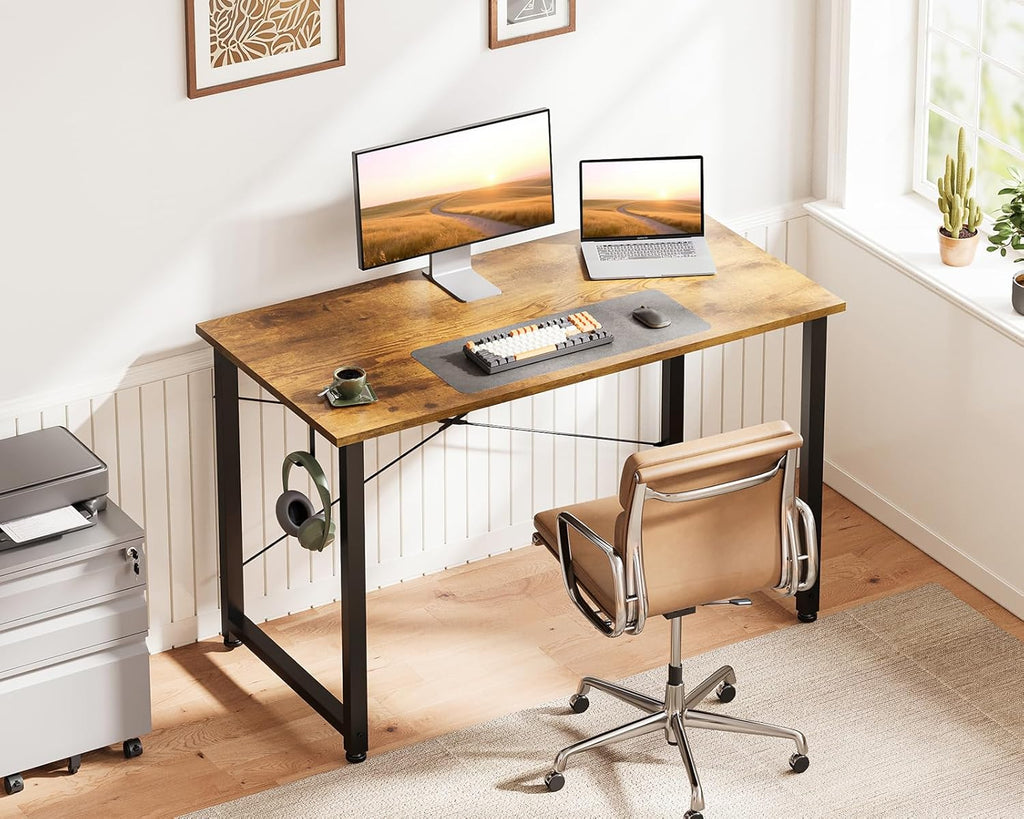 Casaottima 40 Inch Small Computer Desk for Home Office, Study Writing Table for Small Spaces, Simple Modern Desk with Headphone Hooks, Vintage