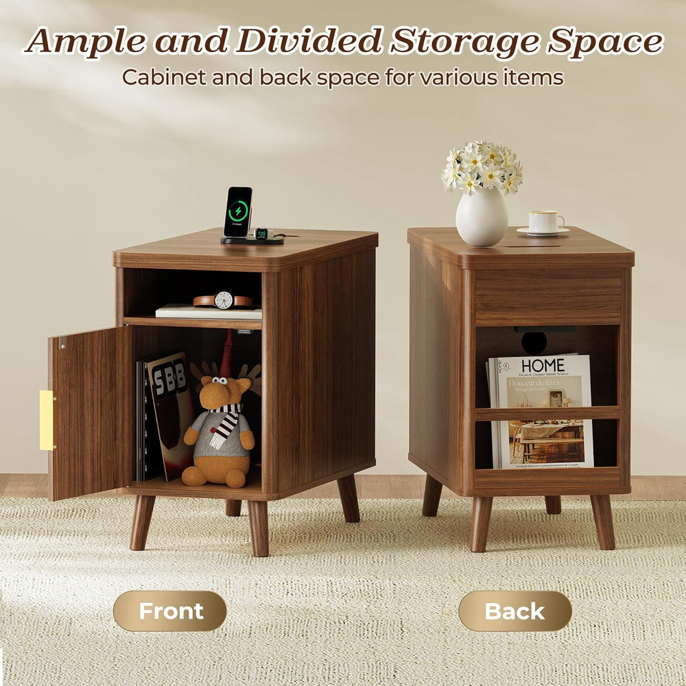 Huuger Narrow End Table with Charging Station, USB-C Port, Fluted Nightstand ...