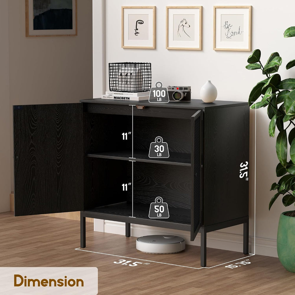 XIAO WEI Farmhouse Boho Sideboard Buffet Cabinet with Black Rattan Doors, 31....
