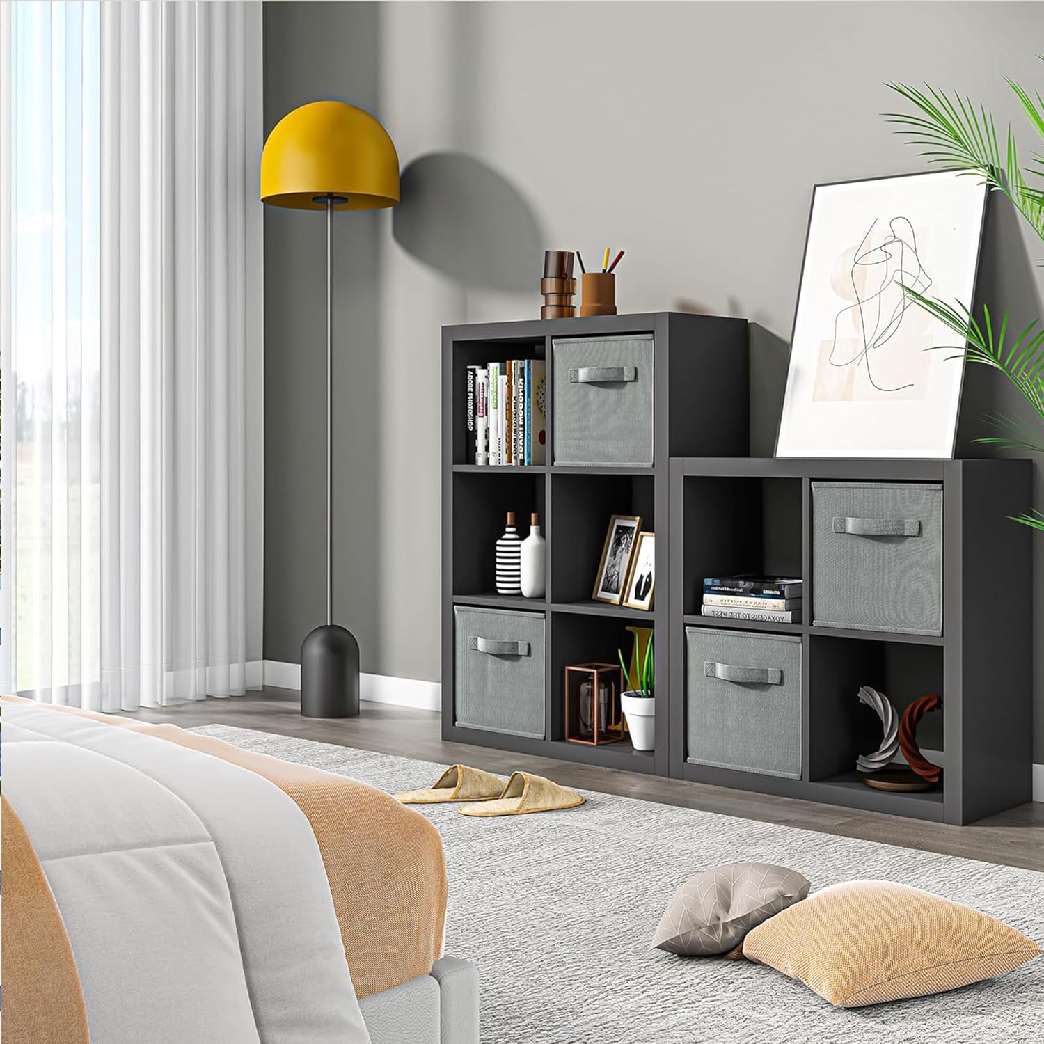 furtble Bookshelf with Storage Bins, 6 Cube Storage Organizer, Modern Wood Bookcase, Multifunctional Display Shelf for Living Room (Matte Black, 6 Cube)