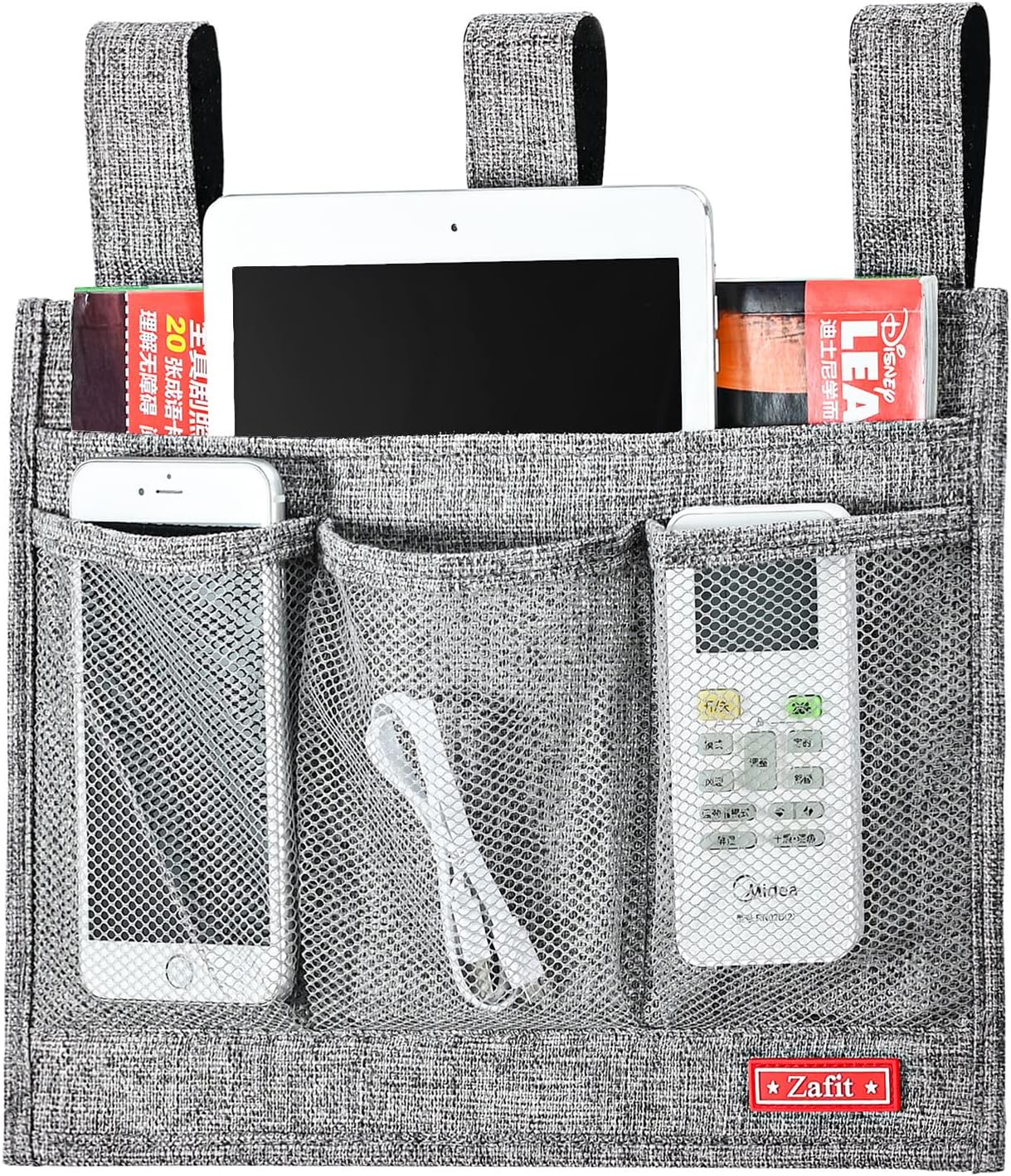 Linen Bedside Caddy, Bedside Storage Organizer for Hospital Beds, College Dorm Rooms or Baby Bed (Classic 4 Pockets Grey)