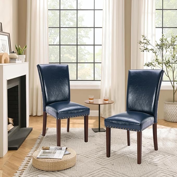 COLAMY Upholstered PU Leather Dining Chairs Set of 4 with High Back Support, Nailhead Trim & Solid Wood Legs, Comfortable Dining Room Chairs for Kitchen Table, Apartment & Family Use