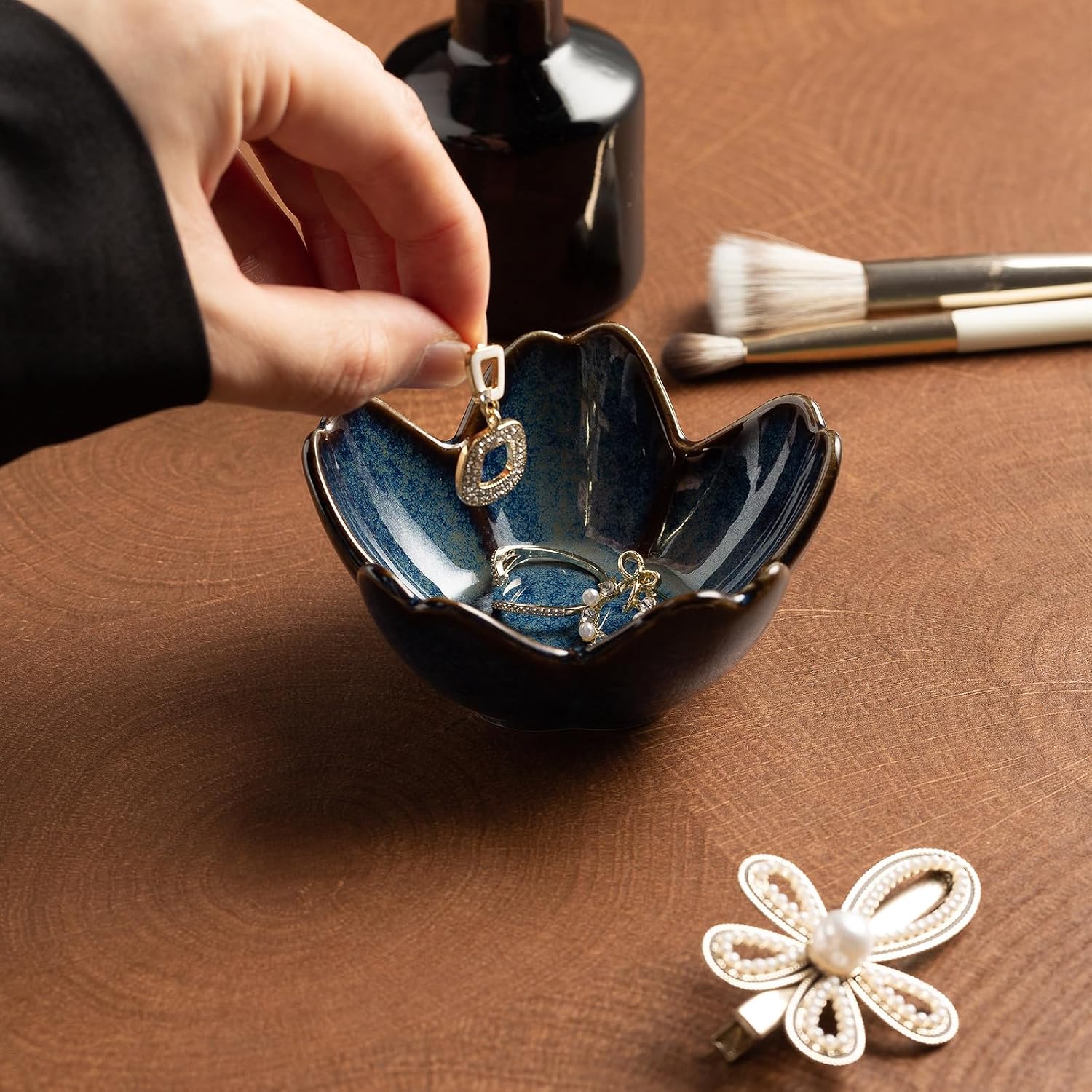Floral Ceramic Jewelry Tray, 3.5" Ring Holder Trinket Bowl | Petite bowl keeps rings, earrings, keys, and keepsakes visible on vanities or dressers, making a sweet gift for women