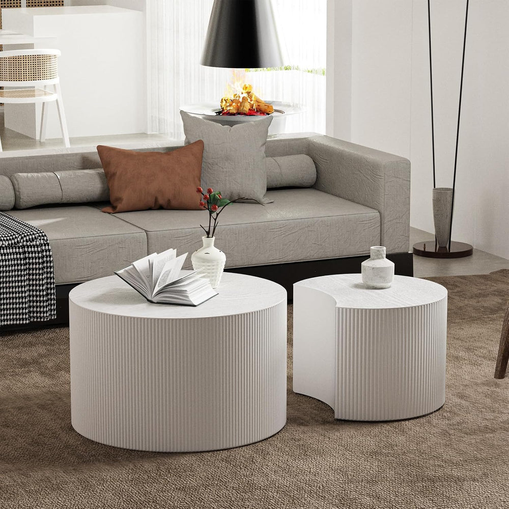 Round Nesting Coffee Table Set 2 Piece (A White 27.56 in) | Drum Modern Stack...