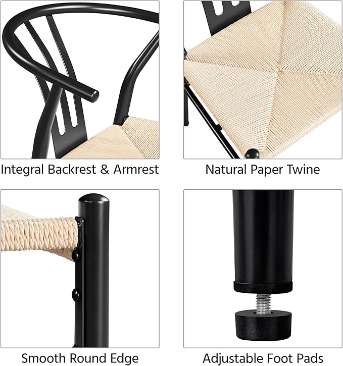 Yaheetech Weave Dining Chairs Set of 2 Mid-Century Modern Dining Room Chairs with Weave Hemp Seat and Metal Legs for Kitchen, Living Room, Restaurant, Black