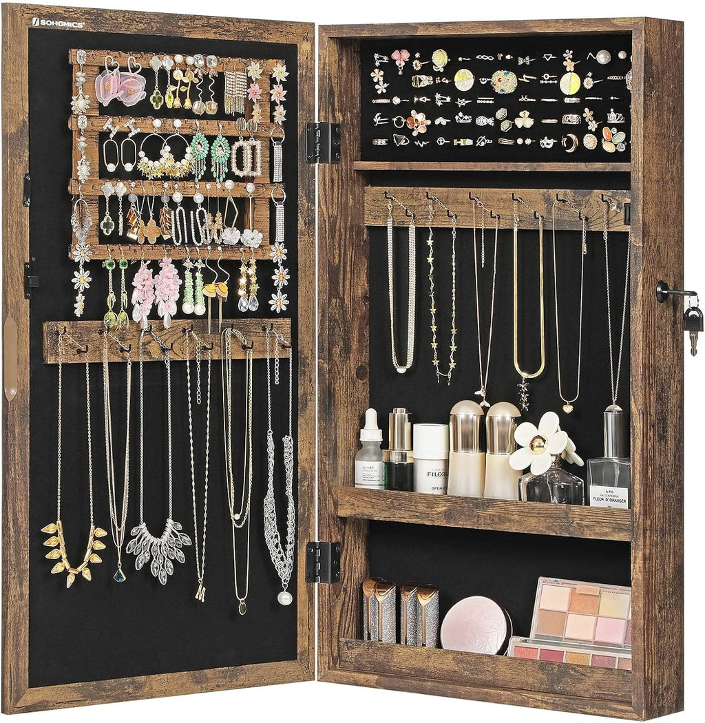 SONGMICS Lockable Jewelry Cabinet Armoire with Mirror, Wall-Mounted Space Saving Jewelry Storage Organizer, Christmas Gift, Rustic Brown UJJC051K01