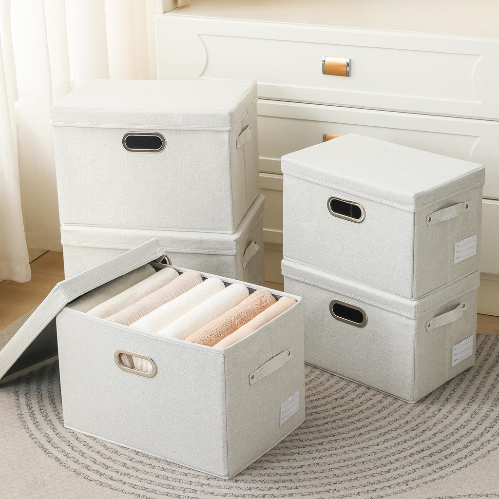 PRANDOM Large Collapsible Storage Bin with Lid [1-Pack] Fabric Foldable Storage Box Organizer Container Basket Cube with Cover for Home Bedroom Closet Office Beige (17.3x11.8x11.8)