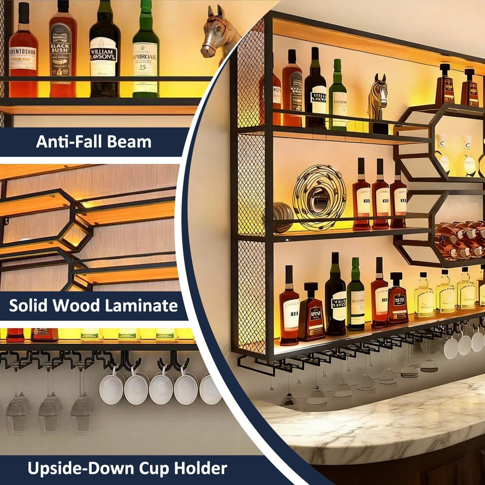 Large Liquor Shelf, Solid Wood Wall Mounted Wine Rack with Glass Holder &...
