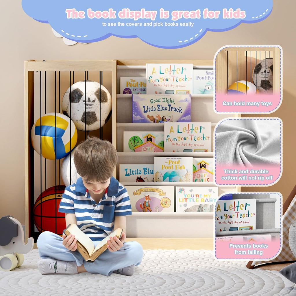 Natural Wood Kids Bookshelf & Stuffed Animal Net Holder Plush Toy Storage Organizer Child Bookcase Toddler Baby Sling Book Rack for Playroom Bedroom Nursery Infant Boys Girls Preschool