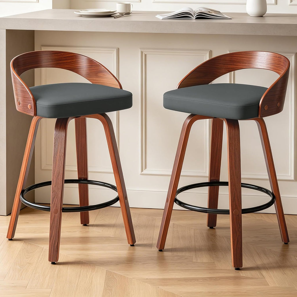 25" Swivel Bar Stools Set of 2, Mid Century Modern Bar Island Stools | Upholstered Faux Leather Counter Height Barstools with Walnut Back & Bentwood Legs