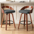25" Swivel Bar Stools Set of 2, Mid Century Modern Bar Island Stools | Upholstered Faux Leather Counter Height Barstools with Walnut Back & Bentwood Legs
