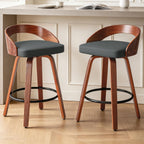 25" Swivel Bar Stools Set of 2, Mid Century Modern Bar Island Stools | Upholstered Faux Leather Counter Height Barstools with Walnut Back & Bentwood Legs