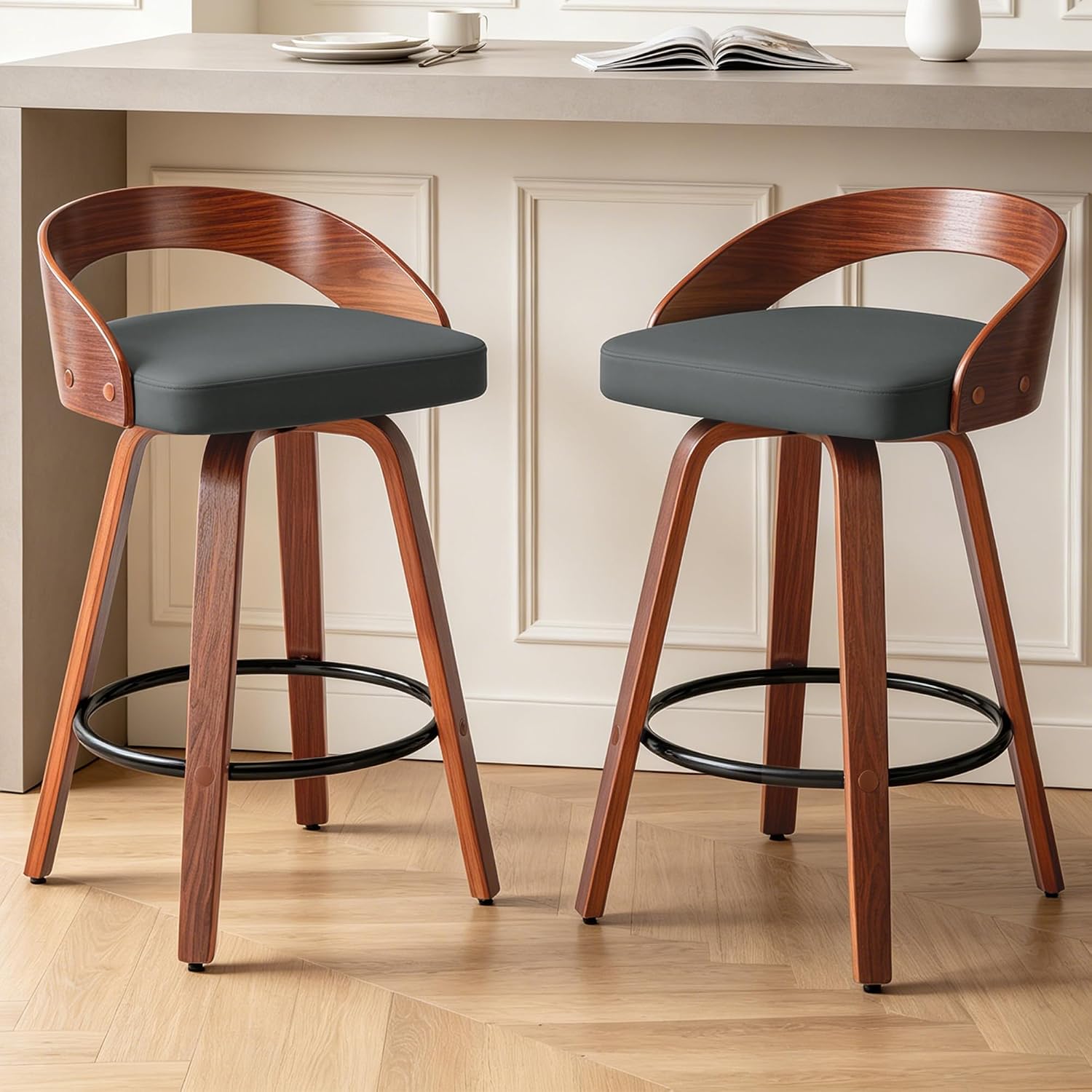 25" Swivel Bar Stools Set of 2, Mid Century Modern Bar Island Stools | Upholstered Faux Leather Counter Height Barstools with Walnut Back & Bentwood Legs