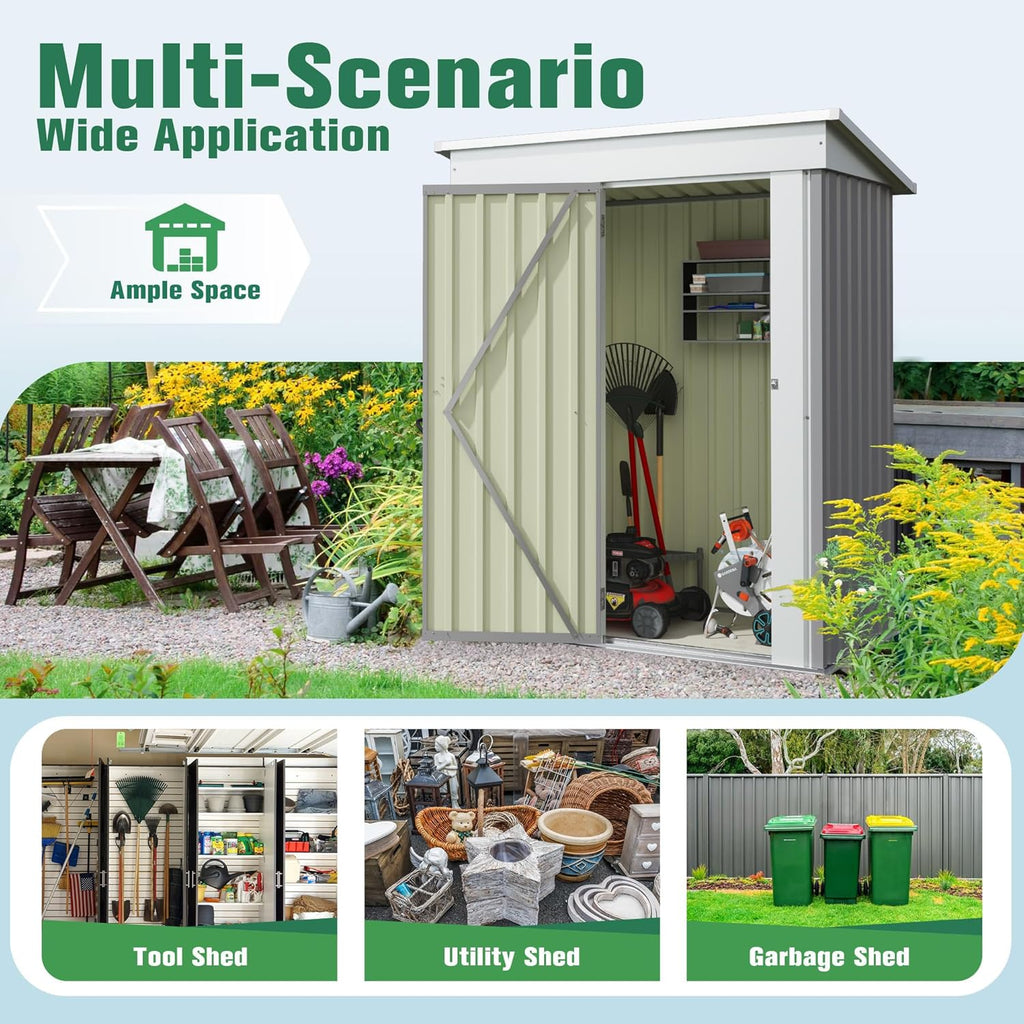 Flamaker 5x3 FT Storage Shed Waterproof Metal Garden Shed with Lockable Door Utility Tool Shed Outdoor Storage for Backyard, Patio and Lawn, Grey