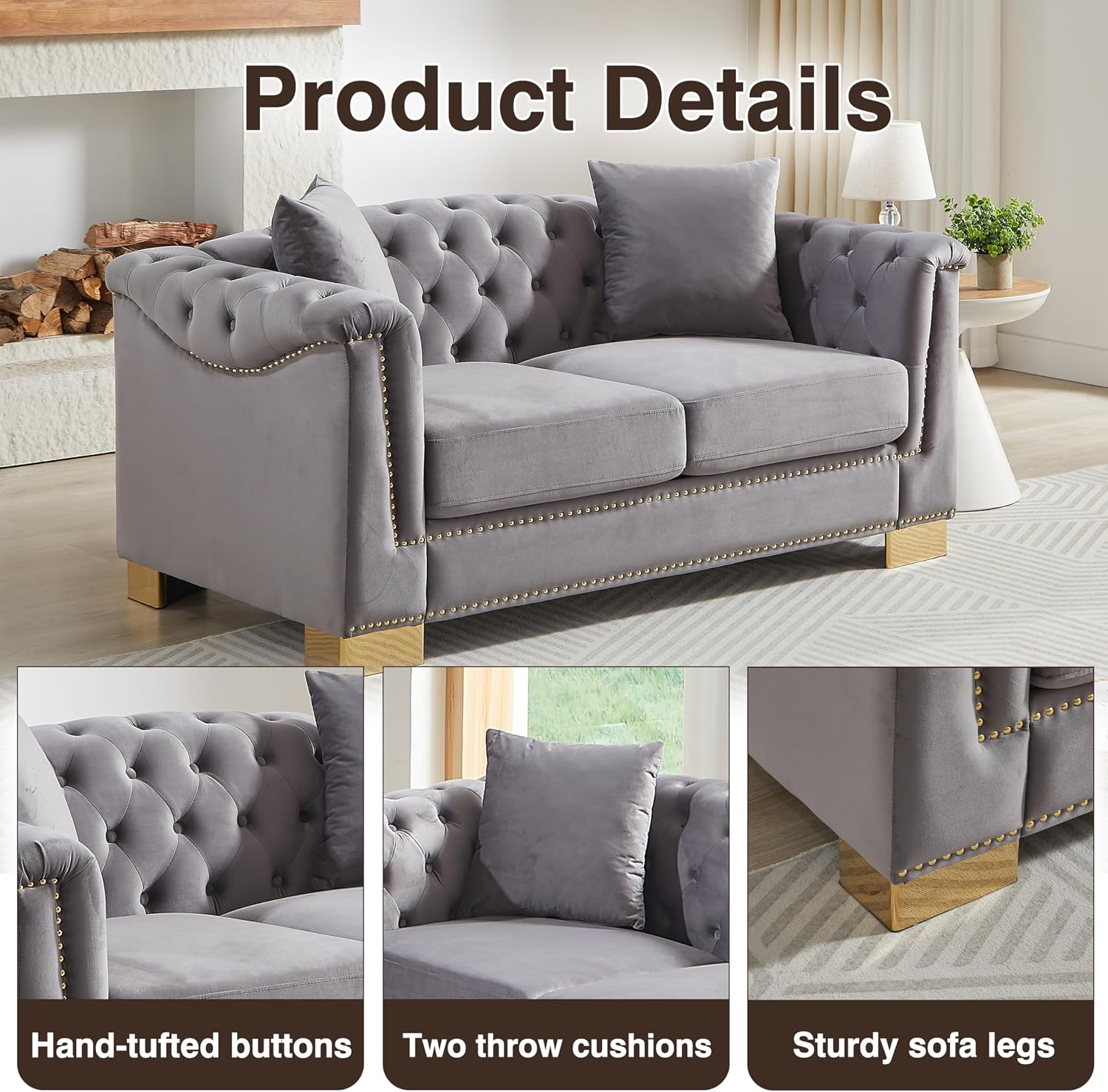 Harper & Bright Designs 62" Chesterfield Sofa Velvet Two-Seater, Modern Classic Rolled Arm Button Tufted Sofa with Nailhead Decor, Cloud Couch Loveseat for Living Room, Apartment (Grey)