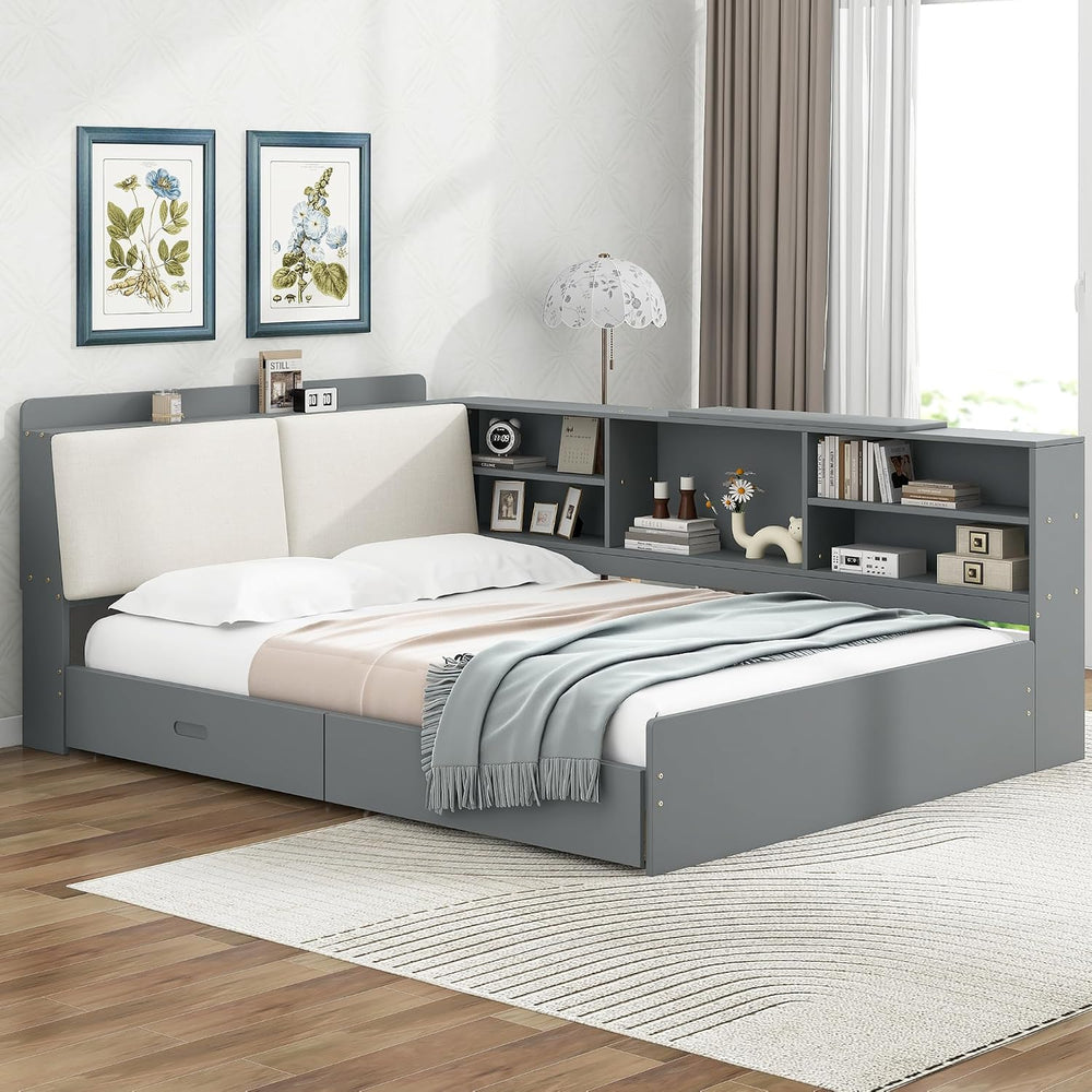 Peanu Full Bed Frame, Storage Headboard, Gray Upholstered Wood
