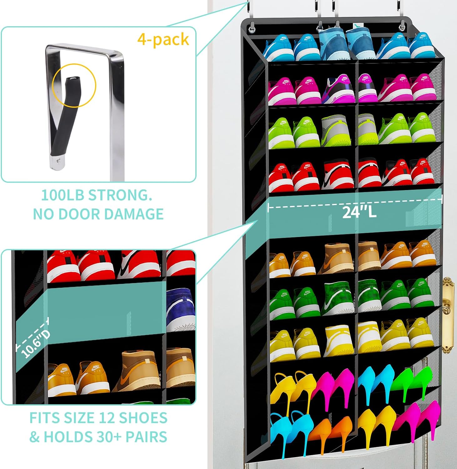 Large Shoe Rack for Door 74 x 24 Inches, Over the Door Shoe Organizer, Heavy-Duty Hanging Shoe Storage for Closet, Extra-Wide 30 Pairs Shoe Holders Fit Family Sneakers Heels Boots - Black