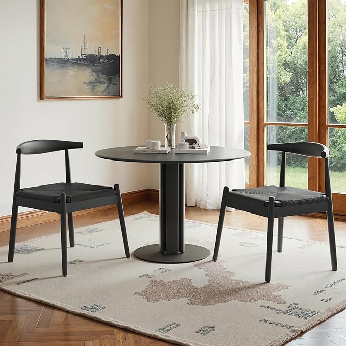 Farini Mid Century Modern Dining Chairs Set of 2, Solid Wood Frame Kitchen Chairs with Woven Upholstered Seat for Dining Room & Breakfast Nook,Black-Black