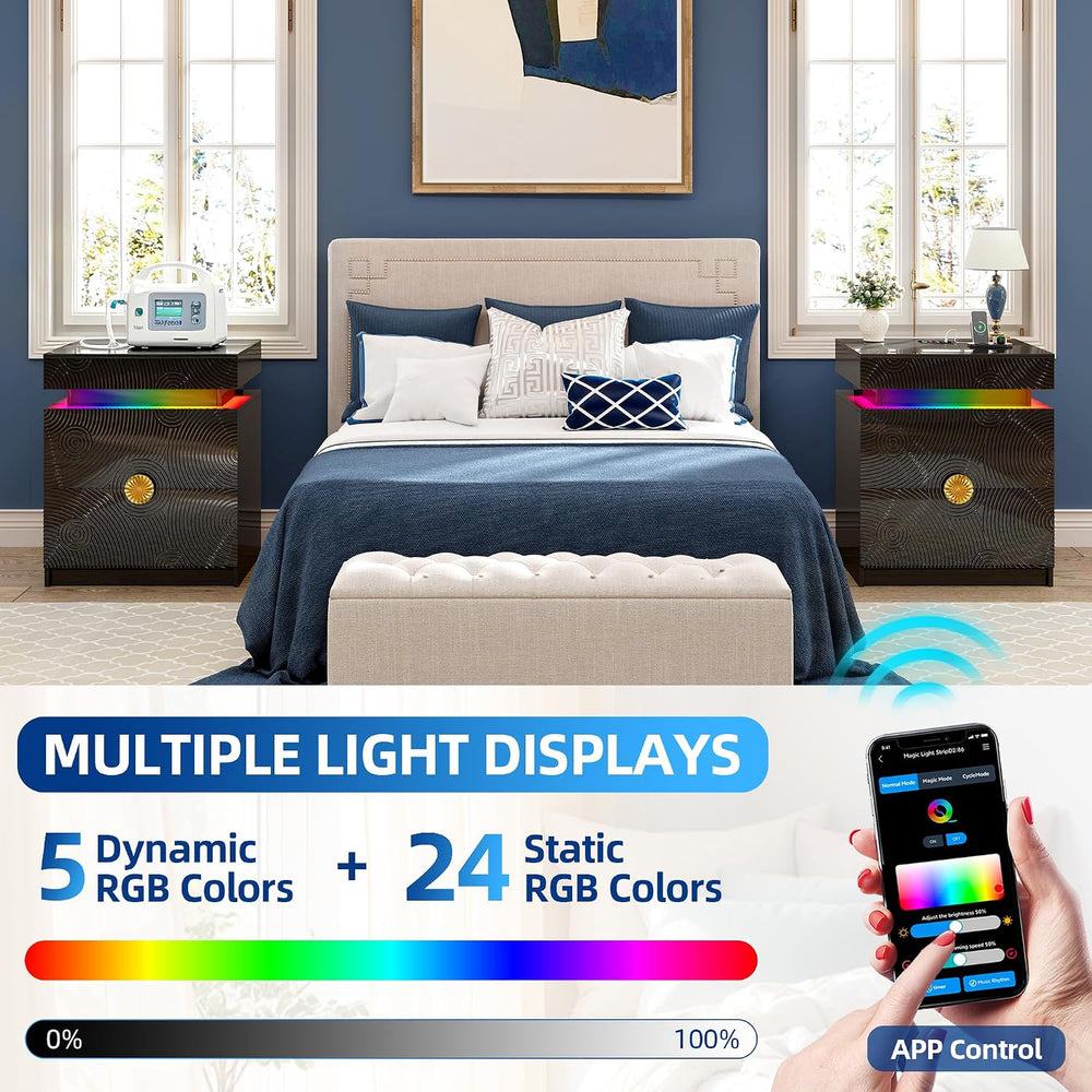 WOOVIVS Bedside Table with 2 Drawers and Sliding Top, RGB Color Changing Ligh...