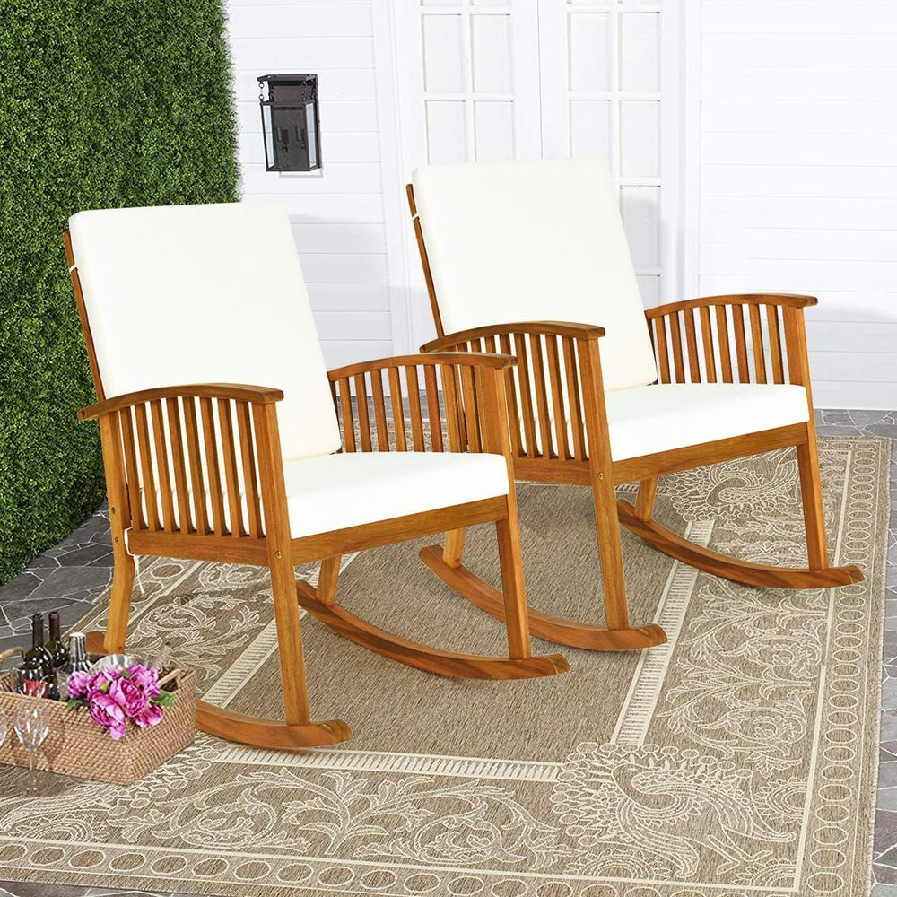 Tangkula 2 PCS Outdoor Acacia Wood Rocking Chair, Wooden Rocker w/Detachable ...