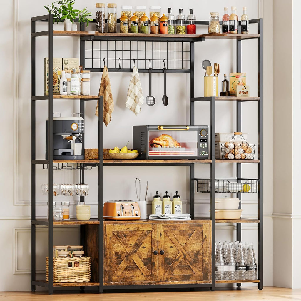 IRONCK Bakers Rack with Power Outlet, Coffee Bar Cabinet, Vintage Brown | Built-In Power Outlet. 55-inch countertop fits microwaves. Wine glass holder, 5 hooks, 2 cabinets. P2 MDF. Anti-tip.