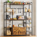 IRONCK Bakers Rack with Power Outlet, Coffee Bar Cabinet, Vintage Brown | Built-In Power Outlet. 55-inch countertop fits microwaves. Wine glass holder, 5 hooks, 2 cabinets. P2 MDF. Anti-tip.