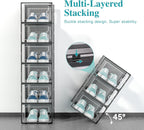 Kuject Large Shoe Organizers Storage Boxes for Closet, 12 Pack Clear Plastic Stackable Storage Bins with Lids, Under Bed Shoe Containers for Entryway, Drop Front, Fit up to Women's Size 10,Black